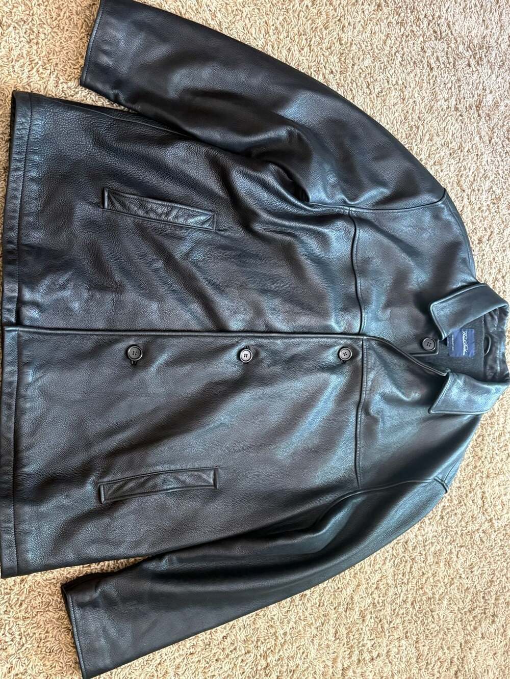 Brooks Brothers Mens Black Leather Peacoat Car Coat Size XL